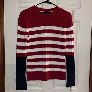 NWT-Tommy Hilfiger-S-red, white, blue striped-cableknit,crewneck,ribbed, sweater